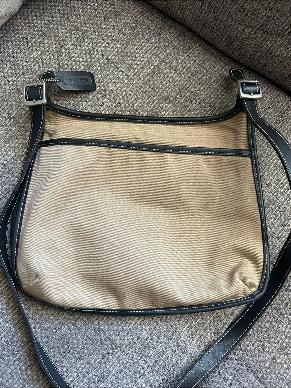 Canvas and Leather Trim Shoulder Bag - Beige